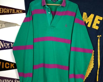 Vintage 90s green purple stripe Nautuca long sleeve polo shirt size large