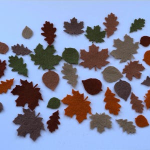 May include: A selection of felt leaf shapes in autumnal hues of brown, orange, and green. The leaves vary in size and design, suitable for seasonal crafts and decorative purposes.