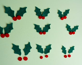 18 felt Holly leaves and berries  for stitching and gluing. 3 small sizes of felt holly leaves and 2 sizes of red felt red berries supplied.