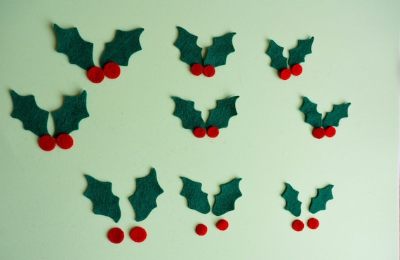 Felt Holly Leaves & Berries,Christmas Craft Appliqué (18 leaves)