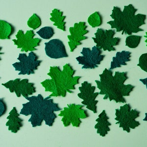 May include: A collection of felt leaves in various shades of green, including maple, oak, and other leaf shapes.