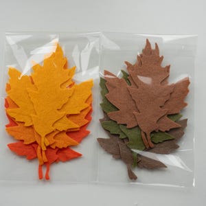May include: Two packages of felt leaf cutouts. One package contains orange, yellow, and red leaves. The other package contains brown and green leaves.