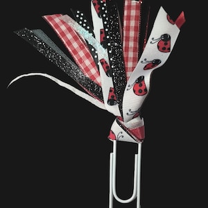 May include: A white metal paper clip with a colorful assortment of ribbons tied to it. The ribbons are red, white, black, and have polka dots and gingham patterns. Some of the ribbons have a ladybug print.