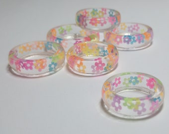 Neon Rainbow Blossoms Resin Rings