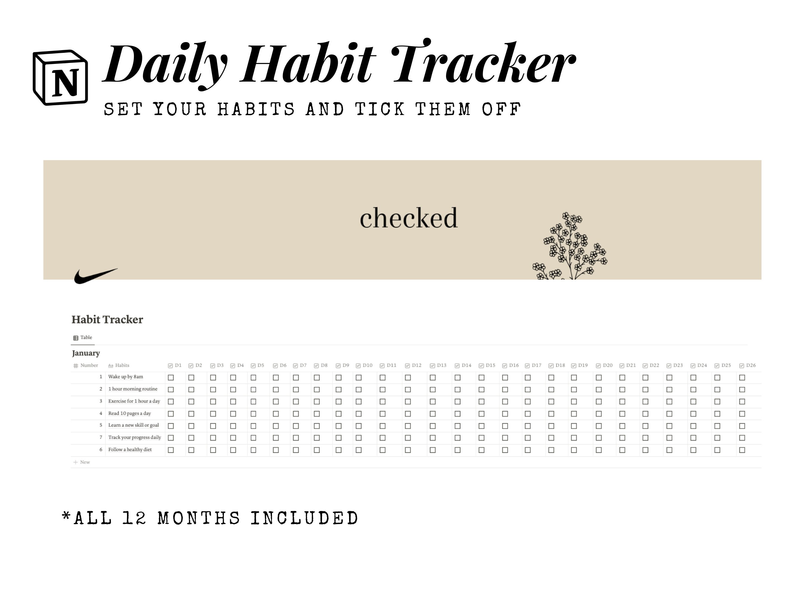 Notion Template Habit Tracker 1 Page 12 Months daily Check List For 