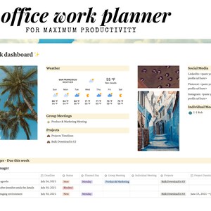 Notion Template: Work Planner for Office Employee. Task Tracker. Project planner or Project management. For Tablet, Smartphone and Computer.