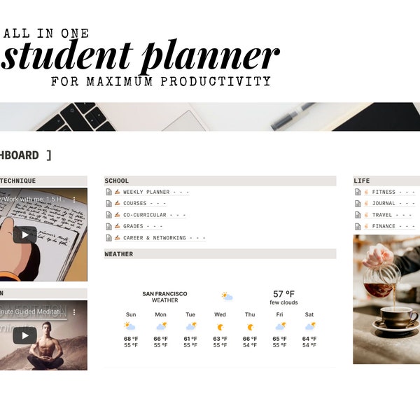 Student Life Planner for Notion | All in One Notion Template | Minimalist Student Planner | Productivity Template