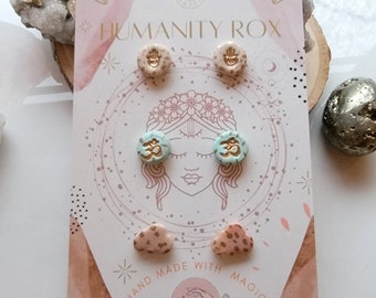 Hamsa, OHM OM AUM Symbol Peace Stud Earring Trio Faux Turquoise Faux Rose Quartz Cloud Gold Hand Painted & Embossed Hamsa Studs