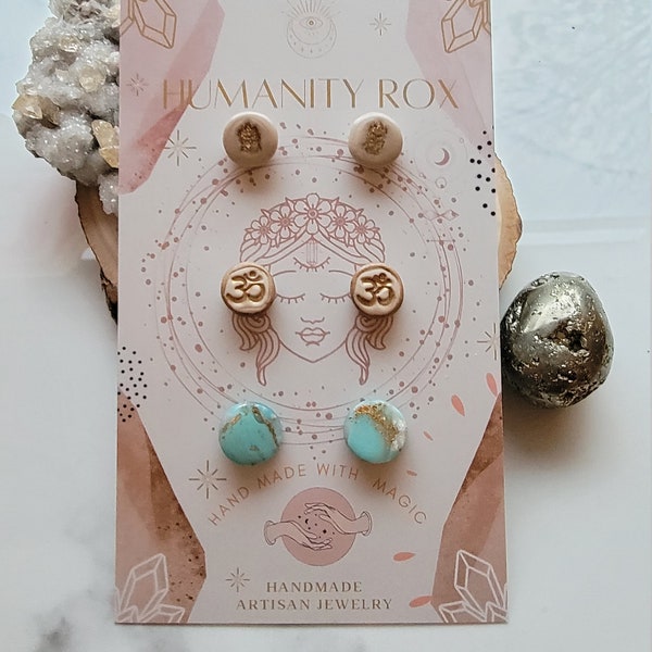 Hamsa, OHM Symbol Peace Stud Earring Trio Faux Turquoise Faux Rose Quartz Cloud Gold Hand Painted & Embossed Hamsa Studs