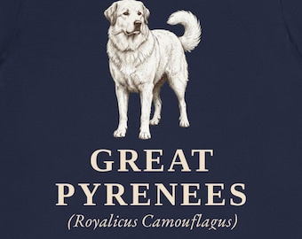 Camiseta de Gran Pirineo, Royalicus Camouflagus, divertida camiseta con nombre de perro latino falso