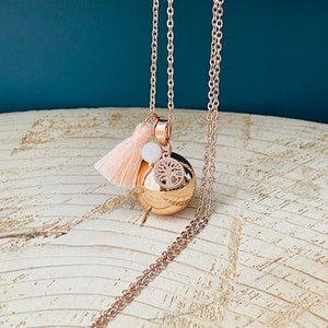Rose gold pregnancy bola, tree of life charm, pearl and pompom