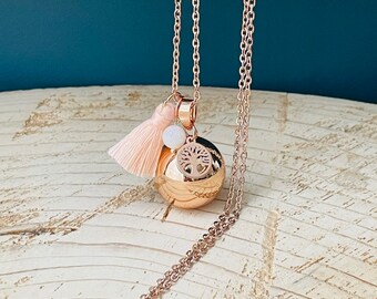 Rose gold pregnancy bola, tree of life charm, pearl and pompom