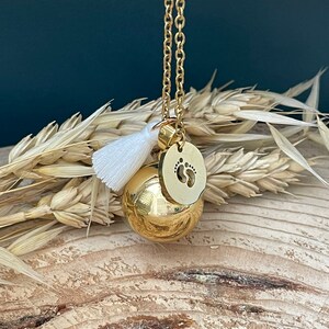 Gold pregnancy bola with small feet charm and white pompom image 1