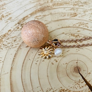 Pregnancy bola pink gold sandblasted flower charm and freshwater pearl