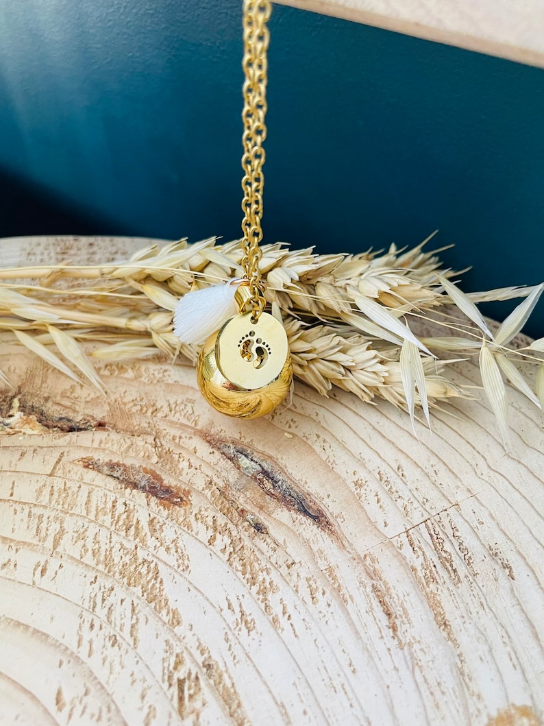 Gold pregnancy bola with small feet charm and white pompom image 2