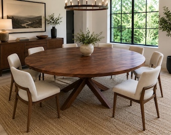 Solid Walnut Round Dining Table | Modern Steel Pedestal Base, Custom Made
