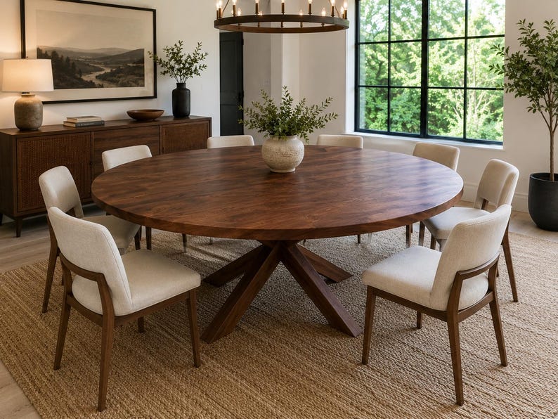 Solid Walnut Round Dining Table | Modern Steel Pedestal Base, Custom ...