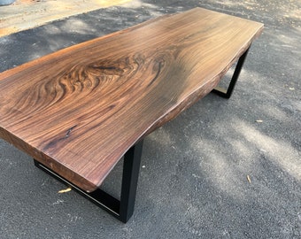 Handcrafted Live Edge Walnut Coffee Table, Custom Walnut Live Edge Coffee Table With Black U-Shaped Metal Legs, Live Edge Coffee Table
