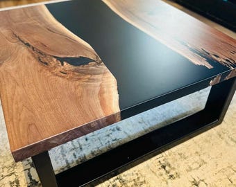 Custom Epoxy River Coffee Table: Live Edge Wood & Black Metal Legs