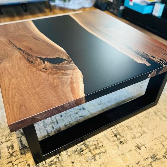 Custom Epoxy River Coffee Table: Live Edge Wood Black Metal Legs