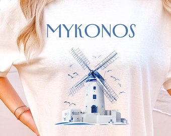 Mykonos Greece Shirt, Greek Island Travel Tee, Windmill Graphic T-Shirt, Summer Vacation Gift, Coastal Europe Aesthetic Top Comfort Colors®