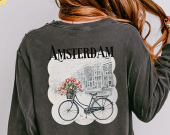 Amsterdam Tulip Bike Shirt, Netherlands Travel Tee, Dutch Canal Comfort Colors Long Sleeve, European City Aesthetic Gift, Spring Sweatshirt