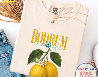 Bodrum Lemon Shirt, Evil Eye Summer Tee, Turkish Coastal Aesthetic T-Shirt, Mediterranean Vacation Gift, Comfort Colors Citrus Beachwear Top