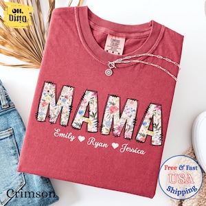 Personalized Mama Shirt with Kids’ Names, Floral Letters Patchwork T-Shirt, Custom Gift for Mom or Grandma, Mother’s Day Tee Comfort Colors®