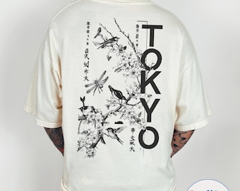 Tokyo Japanese Art Shirt, Sakura Bird Back Print Tee, Oriental Zen Aesthetic T-Shirt, Minimalist Streetwear Gift Comfort Colors®