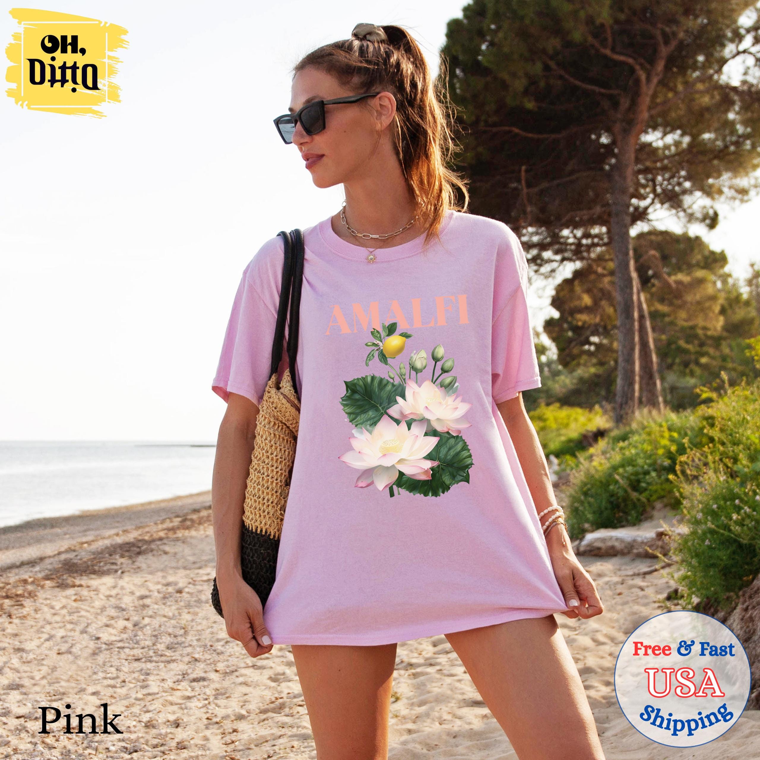 Amalfi Coast Shirt, Italian Lemon Floral Tee, Light Blue Summer T