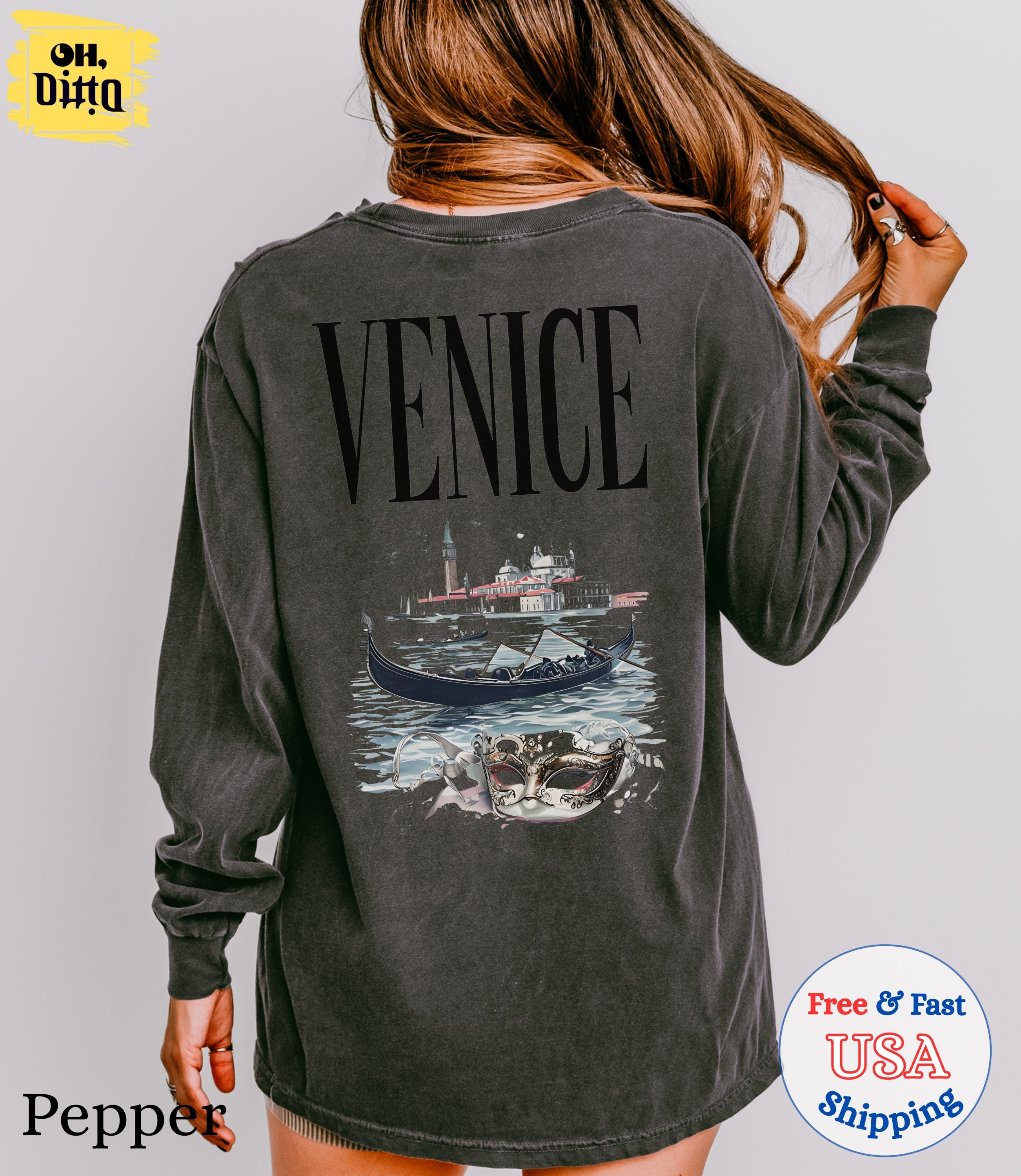 Venice Italy Shirt, Gondola Graphic Tee, Dark Aesthetic Travel T-Shirt, Carnival Mask Italy Top, Comfort Colors Pepper Long Sleeve