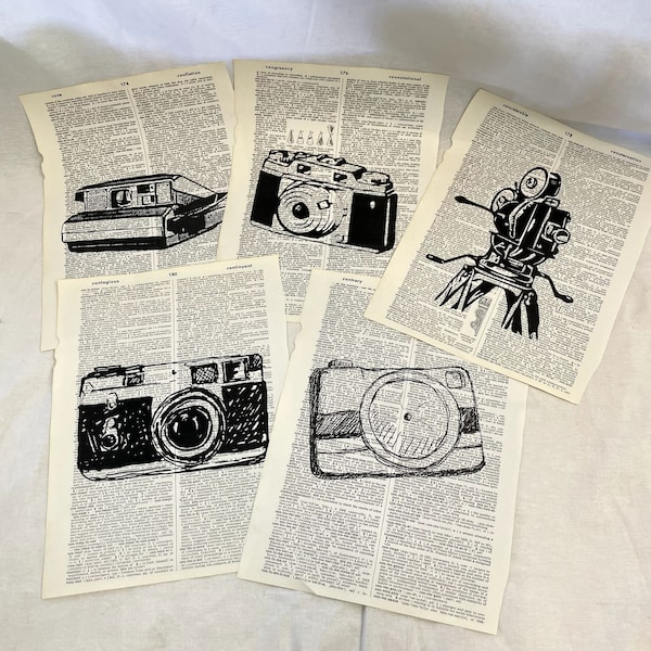 Set of 5 Camera Theme Dictionary Prints Camera Vintage Video Camera Unframed Print Bookish Decor Decor Dictionary Art Camera Art Vintage Cam