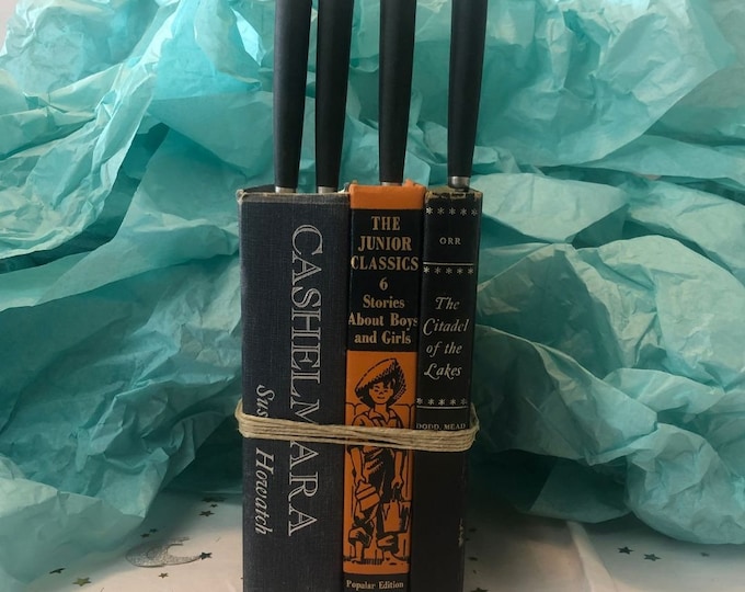 Book Kitchen Knife Holder Book Stack Upcycle Vintage Shabby Etsy