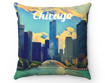 18x18 Multicolor Merchica Watercolor Skyline Gift Souvenirs Chicago Illinois Throw Pillow
