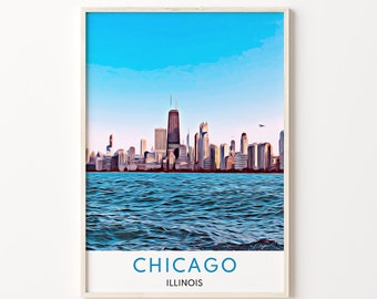 Chicago Print, Chicago Art, Chicago Travel Print, Chicago Wall Art, Chicago Poster, Chicago Skyline, Chicago Artwork, Illinois Gift, Travel