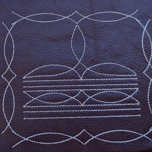 May include: A close-up of a dark purple leather surface with a white stitched design. The design features a series of interlocking circles and diamonds.