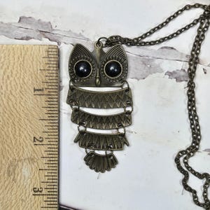 May include: A bronze-toned owl pendant necklace. The owl has black bead eyes and layered, decorative feathers. The chain is also bronze-toned. The pendant measures approximately 3 inches in length.