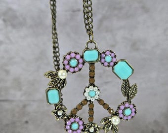 Boho Peace Sign Pendant Necklace • Turquoise Lavender Floral Bronze Chain