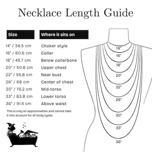 May include: Necklace length guide with measurements in inches and centimeters. The guide shows necklace lengths from 14" (36.5 cm) to 36" (91.4 cm), illustrating where each length sits on the body. Includes text: "Necklace Length Guide".