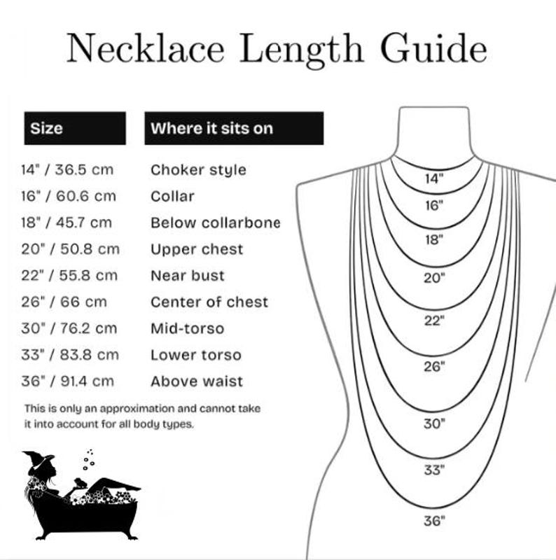 May include: Necklace length guide with measurements in inches and centimeters. The guide shows necklace lengths from 14" (36.5 cm) to 36" (91.4 cm), illustrating where each length sits on the body. Includes text: "Necklace Length Guide".