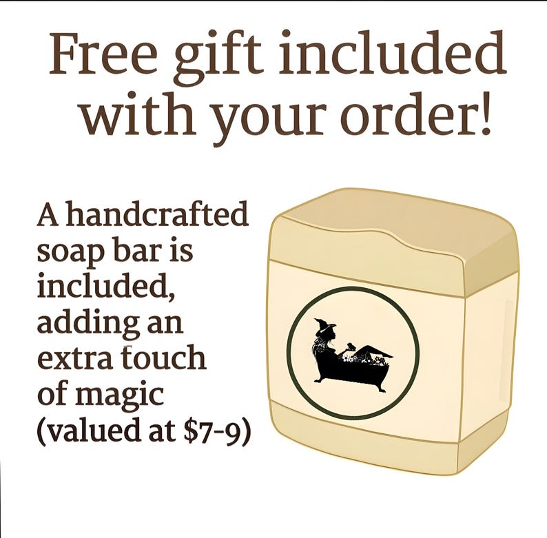 May include: A handcrafted soap bar is included with your order. The image shows a beige rectangular soap bar with a circular label featuring a black silhouette of a person in a bathtub. Text on the image reads "Free gift included with your order!"