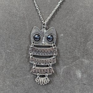 May include: Silver-toned owl pendant necklace. The owl pendant features a layered design with intricate detailing and dark gray eyes. The necklace has a delicate chain and a simple clasp.