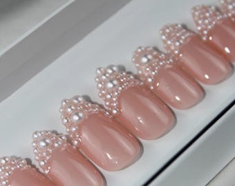 Pearl French Tip Press On Nails | Hand Painted Reusable Nail Set
