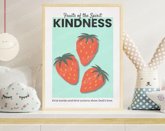Póster imprimible de Frutos del Espíritu para habitación infantil – Versículo bíblico cristiano – Gálatas 5:22 – Arte mural para guardería o escuela dominical – 28 x 35 cm