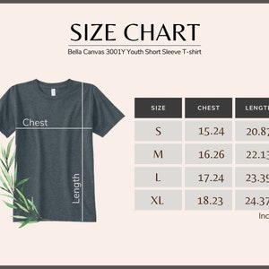 Op de afbeelding: Maattabel voor het Bella Canvas 3001Y Youth Short Sleeve T-shirt. De tabel toont de maten S, M, L en XL met de bijbehorende borst- en lengtemaat in inches.