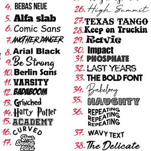 Puede incluir: Un gr&aacute;fico que enumera 42 fuentes diferentes con sus nombres y ejemplos de la fuente en uso. El gr&aacute;fico tiene el t&iacute;tulo "FONT CHART" y est&aacute; escrito en texto rojo. Los nombres de las fuentes est&aacute;n escritos en texto negro y los ejemplos de fuentes est&aacute;n escritos en texto negro.