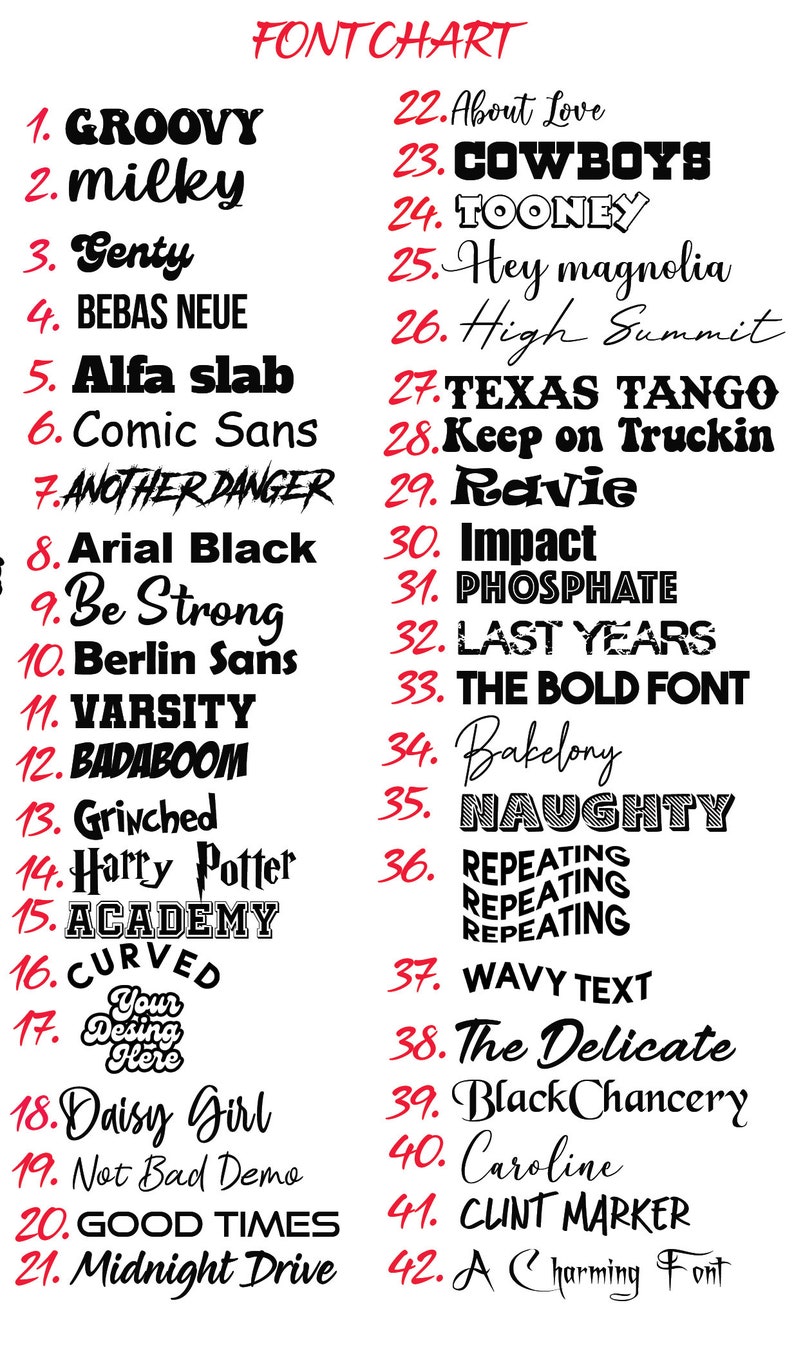 Puede incluir: Un gr&aacute;fico que enumera 42 fuentes diferentes con sus nombres y ejemplos de la fuente en uso. El gr&aacute;fico tiene el t&iacute;tulo "FONT CHART" y est&aacute; escrito en texto rojo. Los nombres de las fuentes est&aacute;n escritos en texto negro y los ejemplos de fuentes est&aacute;n escritos en texto negro.