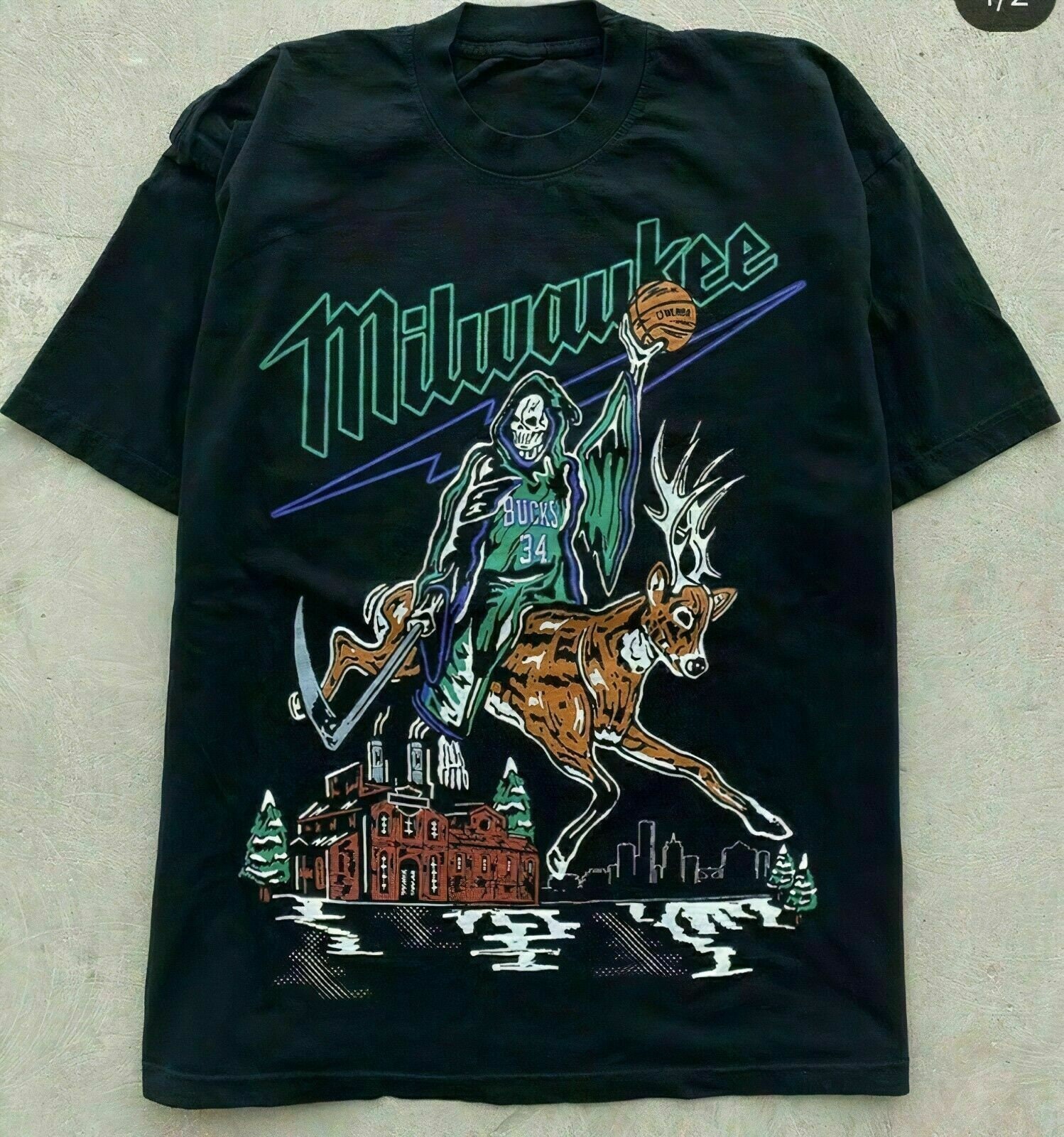 Milwaukee Bucks: 1990's Nutmeg Mills Graphic Spellout Tee (S