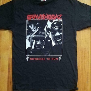 May include: Black t-shirt with a red and white graphic of a band called "Gravediggaz" and the text "Nowhere to Run".