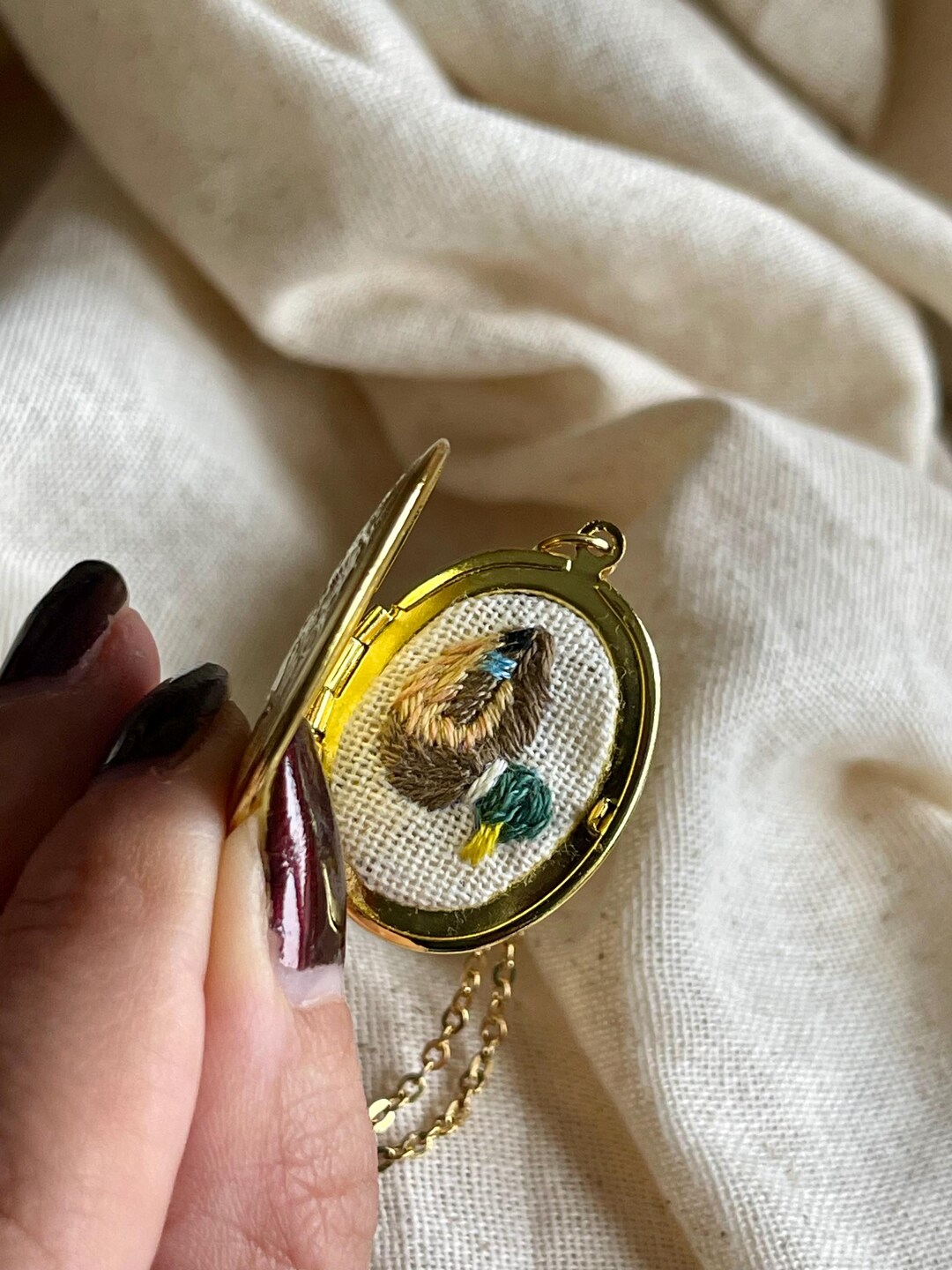 Cloth Locket Hand-embroidered Duck Locket Necklace | Gold-plated Fabric Jewelry - Etsy